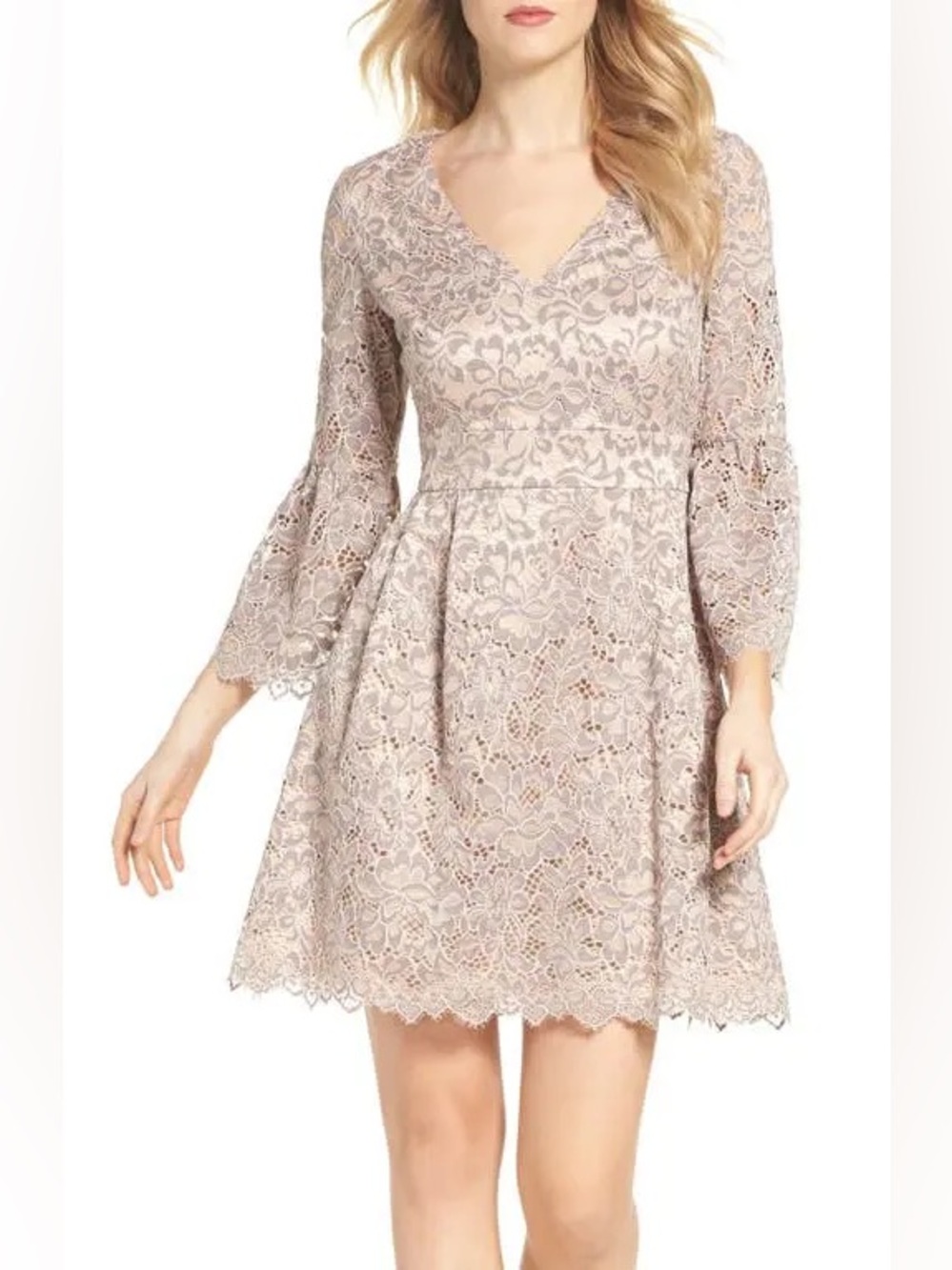 Eliza J Lace Fit-and-Flare Long Sleeve Dress in Blush